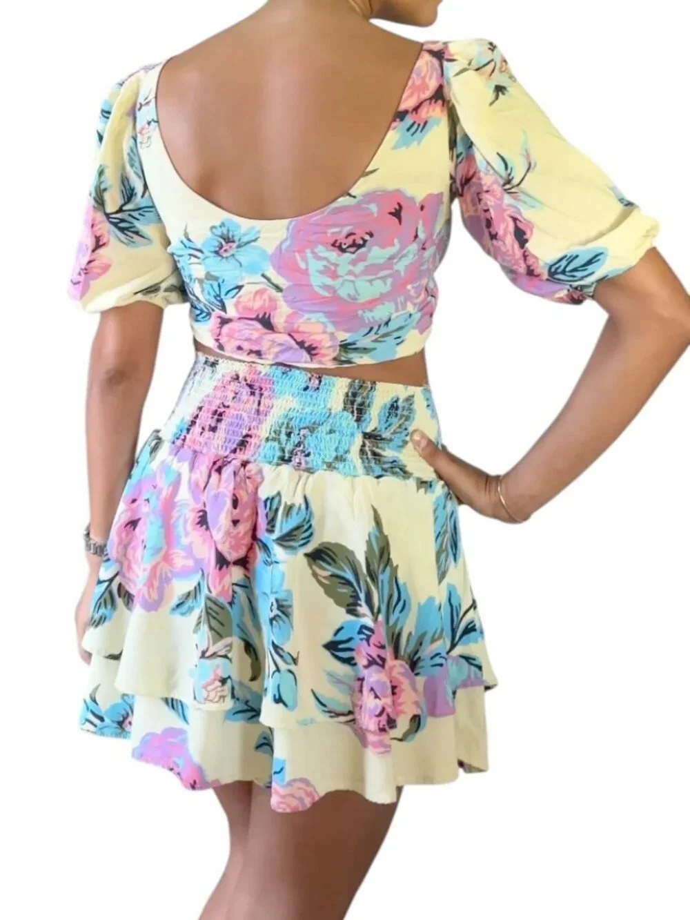 Maaji Two Piece Set Matching Top Skirt Cream Blue Floral Print, Size M